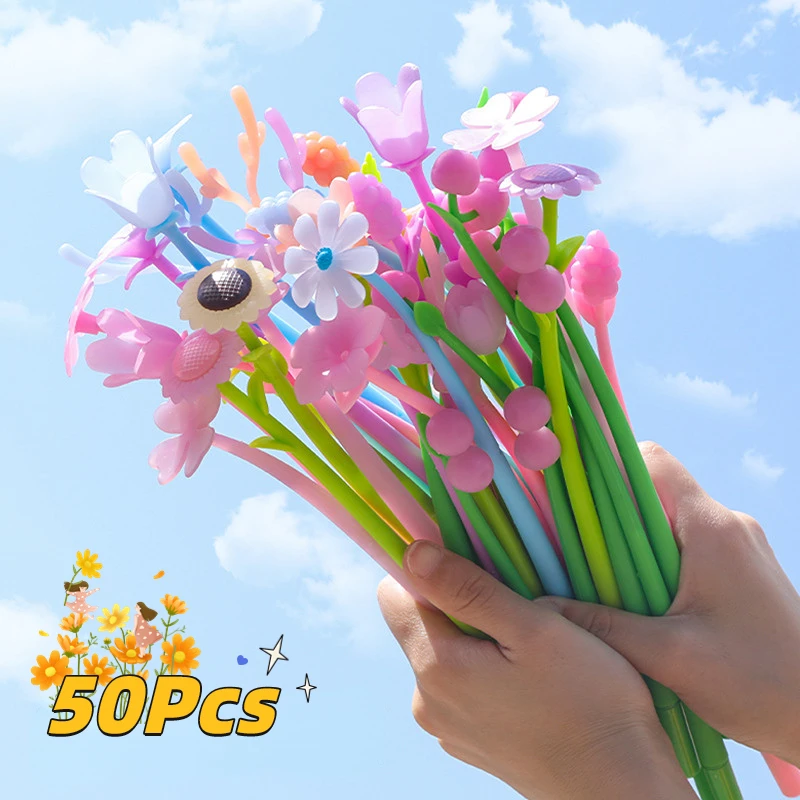 카와이 꽃 색상 변경 젤 펜, 0.38mm, 블랙 리필, 중립 펜, 쓰기, 귀여운 학교 문구, 사무실 선물, 50 개/묶음