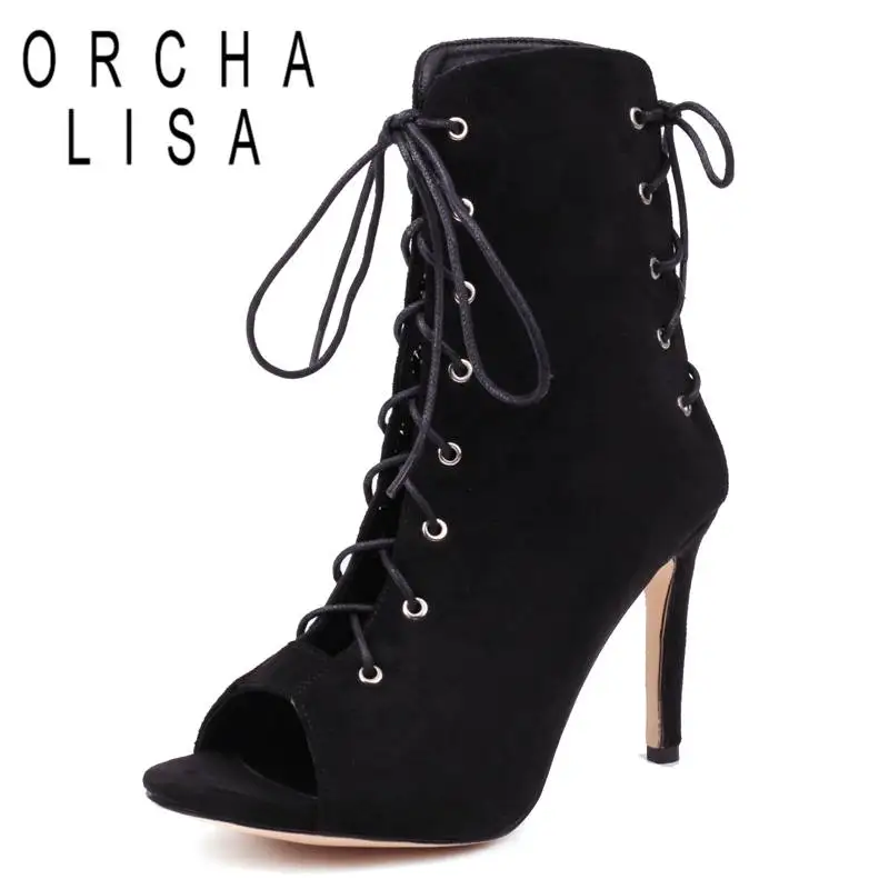 

ORCHA LISA Womens Summer Boots Latin Dance Shoes Ballroom Dancing High Heels 9.5cm Lace Up Flock Suede Big Size 47 48 Sexy Prom