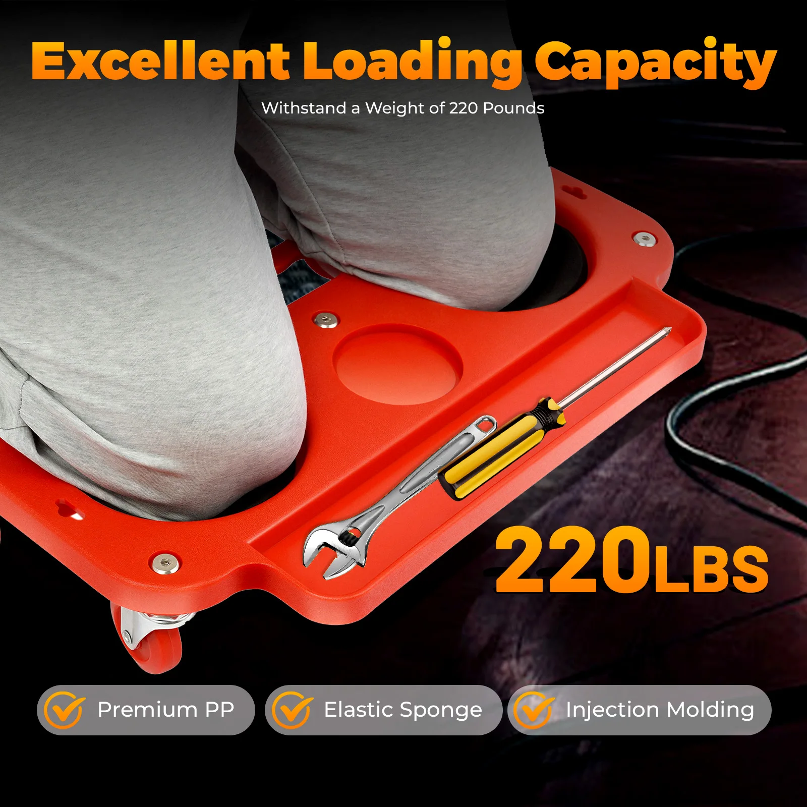 Rolling Knee Pad, Cushioned Knee Pad, Movable Dolly with Tool Tray for Auto Repair Protect Knees