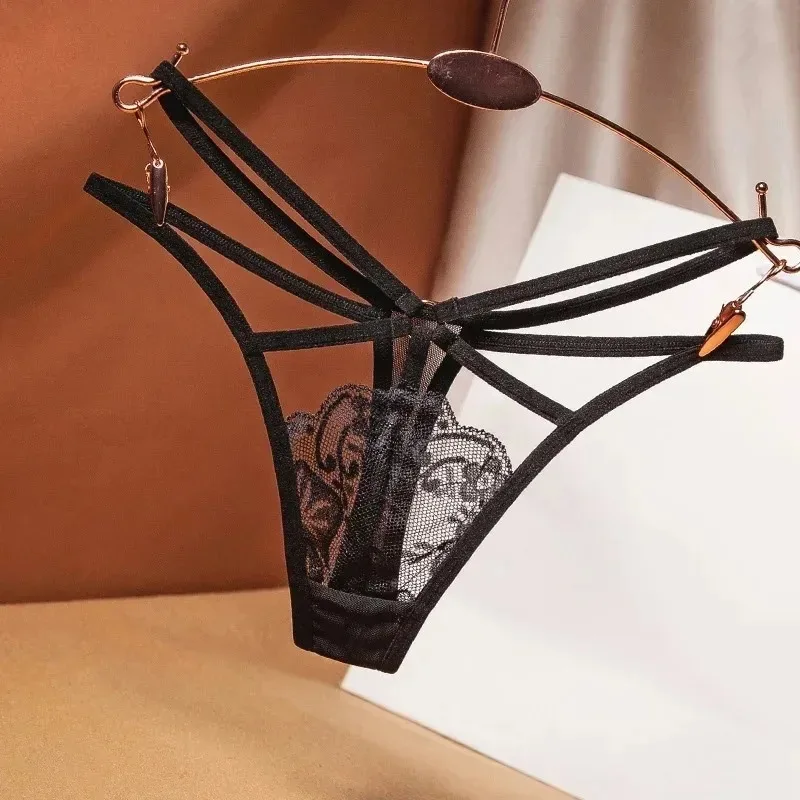 Sexy  Perspective Women's Underwear Lace Fashion Cross Belt Bundled Thong Embroidered G-String Girls Briefs Ladies Transparent