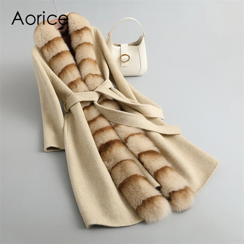 

Aorice Women Luxury Winter Wool Fur Coat Jacket Femal Fox Fur Collar Coats Lady Long Over Size Parka Trench CT2120