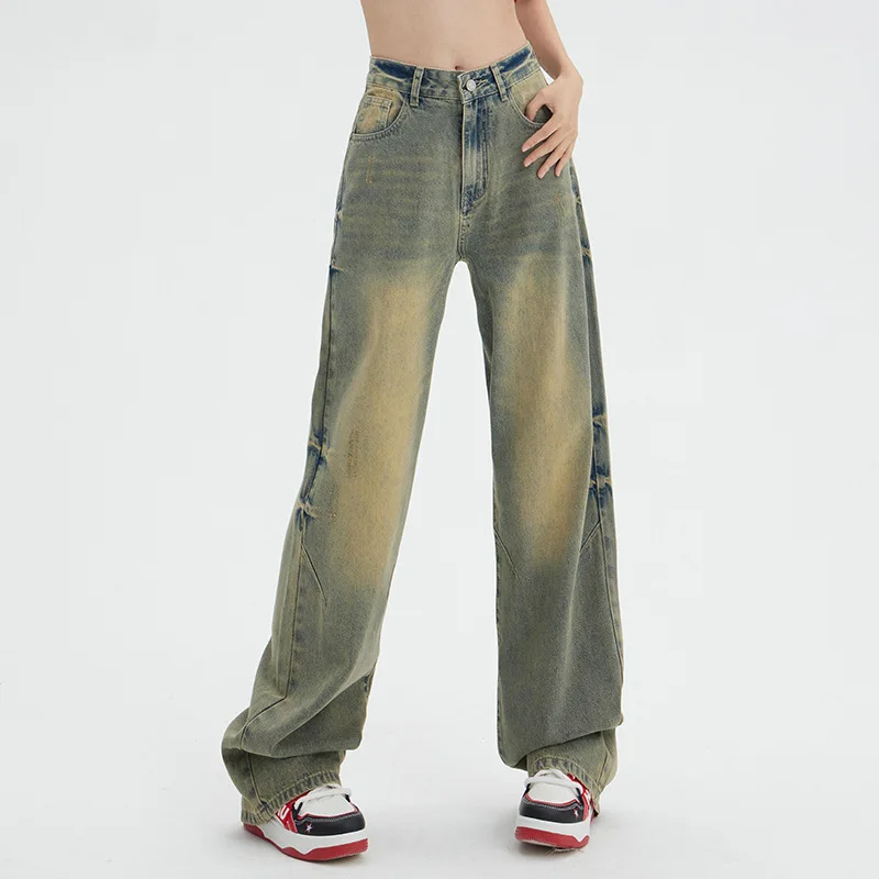 

Джинсовая планета грязевая желтая свободная облегающая женская модель 2024 Pring/Ummer Новинка Высокие ждаемые Широкие штаны Швабра Y2k мешковатые джинсы Лето