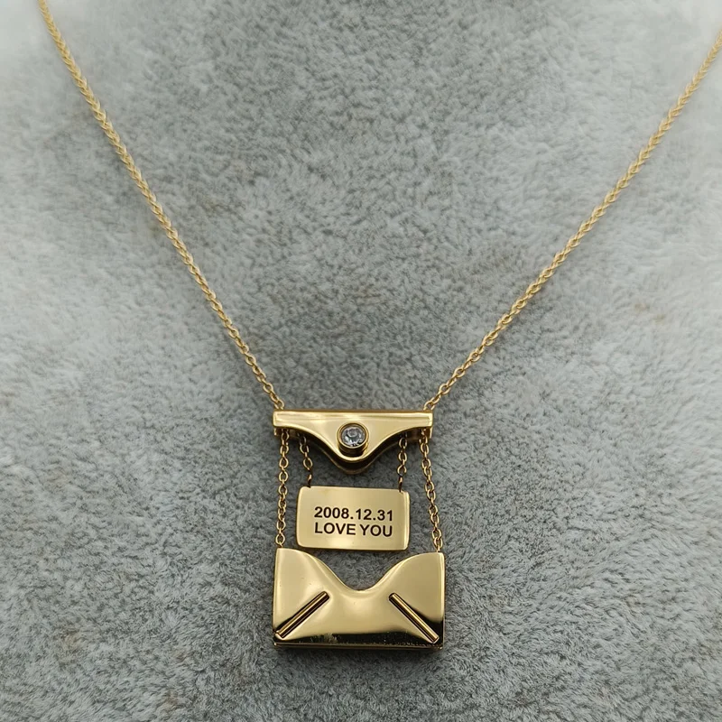 

Crystal Stone18K Gold Plated Custom Envelope Logo Letter Engraved Square Pendant Personalized Charm Necklace Girls Birthday Gift
