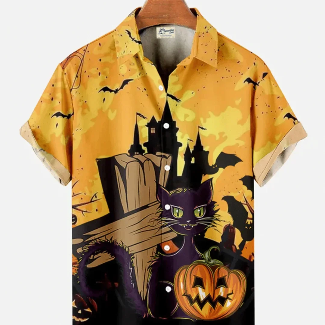 

Гавайская гавайская рубашка для мужчин и женщин в стиле Хэллоуина с привидениями дом с черной кошкой и тыквой