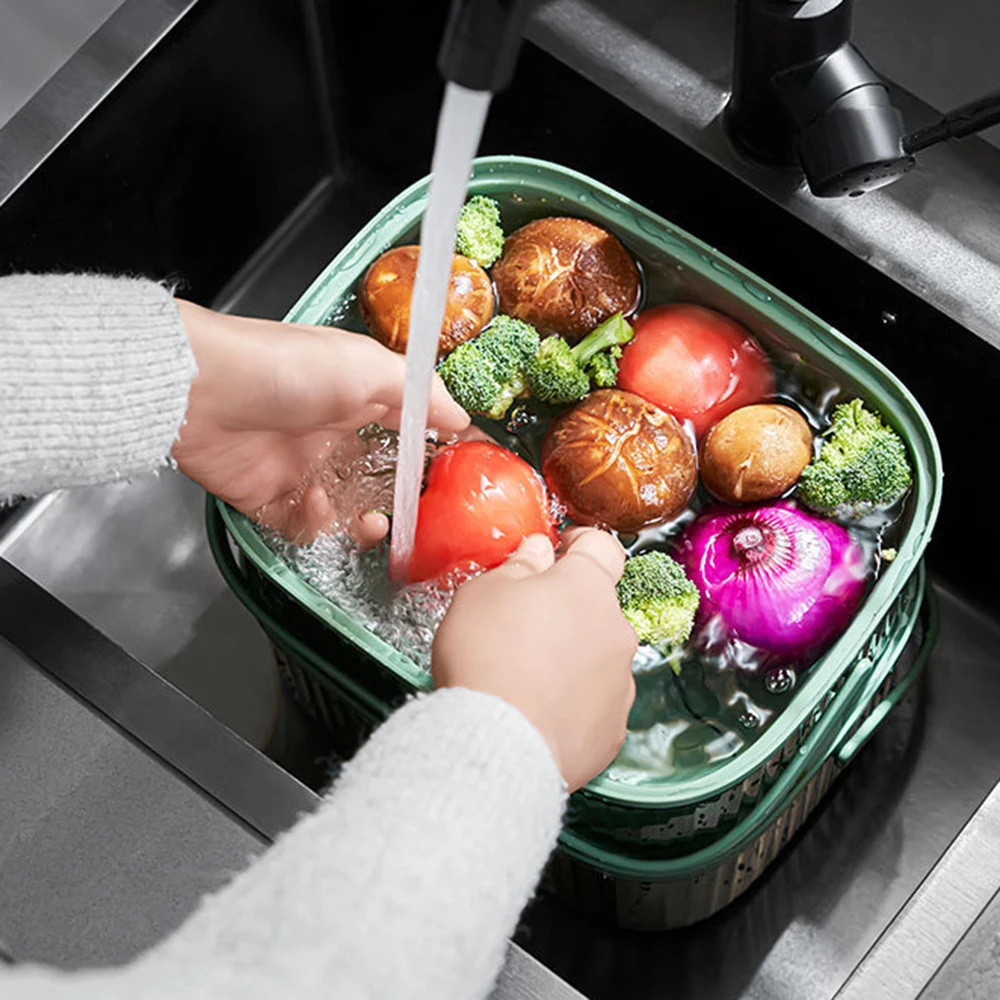 2-in-1 Kitchen Washing Basket For Fruit Vegetable PP Large Sieve Bowl Sets