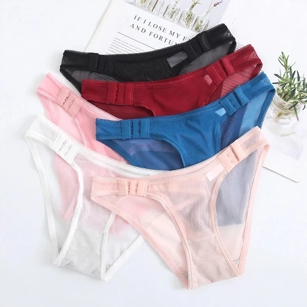 

Solid Color Cotton Crotch Hook Style Transparent Adjustable Seamless Lace Briefs Underwear Intimates Mesh Panties