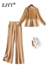 

ZJYT Spring Fashion Office Lady Pants Set Two Piece Womens Outfits Elegant Long Sleeve Khaki Blouse and Trousers Formal Suit