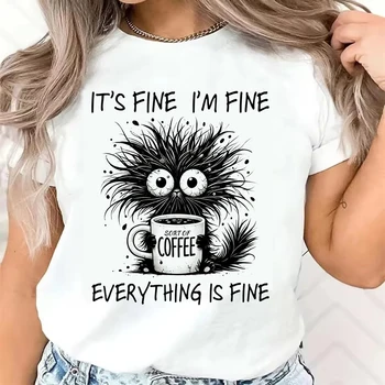 Funny Design T Shirt Short Sleeve T-Shirt Whimsical Cat and Coffee Graphic Print Women's T-Shirt Clothing Women's Top Tee 1