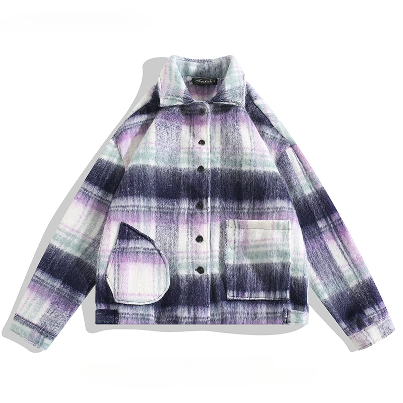 

Men/Women Woolen Plaid Warm Jacket Autumn Winter Korean Style Contrast Color Street Retro Handsome Couple Single Breasted Coats