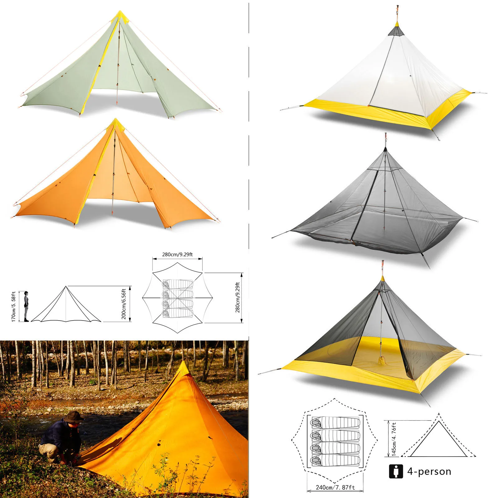 

Ultralight Outdoor Camping Tent/ Inner tent 4 Person 20D Nylon Both-Side Silicon Coating Rodless Pyramid Large Flysheet 4 Season