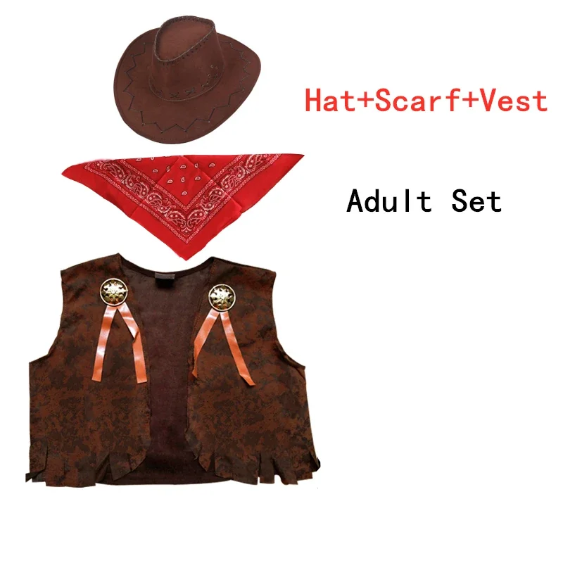 thumbnail image 1 of 2024 Disfraces de Cosplay de vaquero para niños y adultos, fiesta de Halloween, mascarada, niño y mujer, chaleco de vaquera elegante del salvaje oeste, gorra, bufanda, trajes, 1 of 5