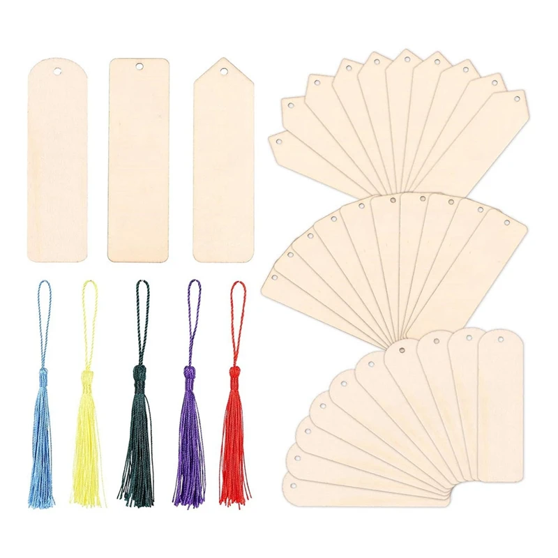

30PCS Wood Bookmarks Blank Kit Craft Unfinished Wood Tags Semicircle Triangle Bookmark Tassels