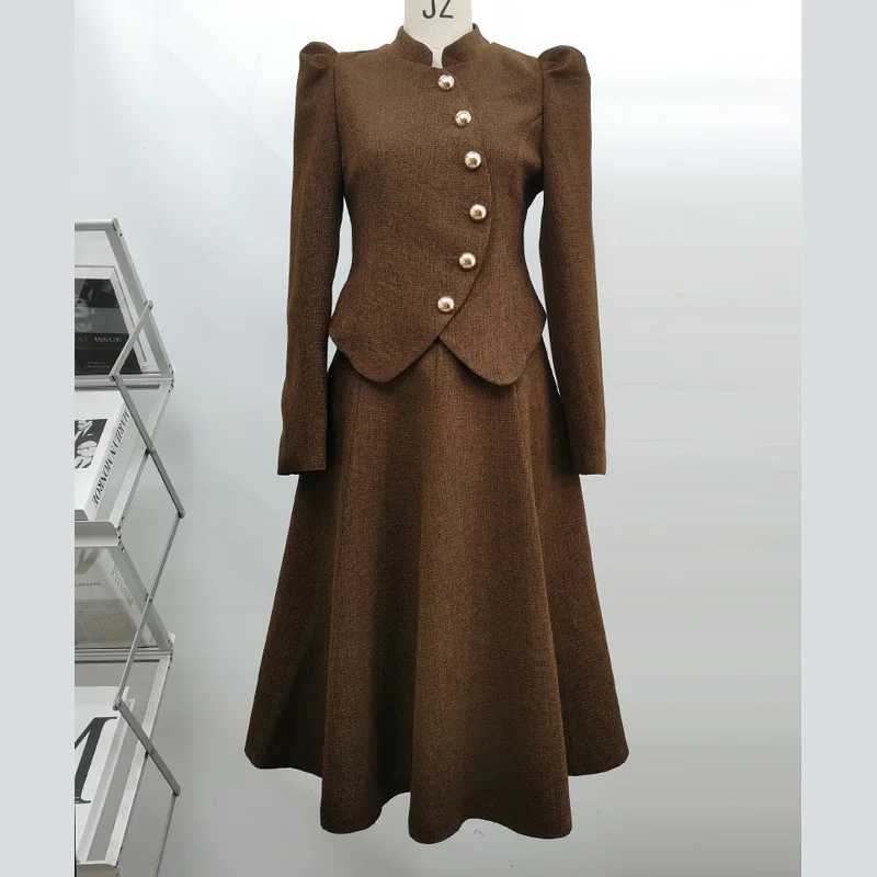 

Women Autumn Winter Elegant Suit Jacke Coat Top And Long Skirt Two Piece Set Matching Outfit Female Formal Party Clothes