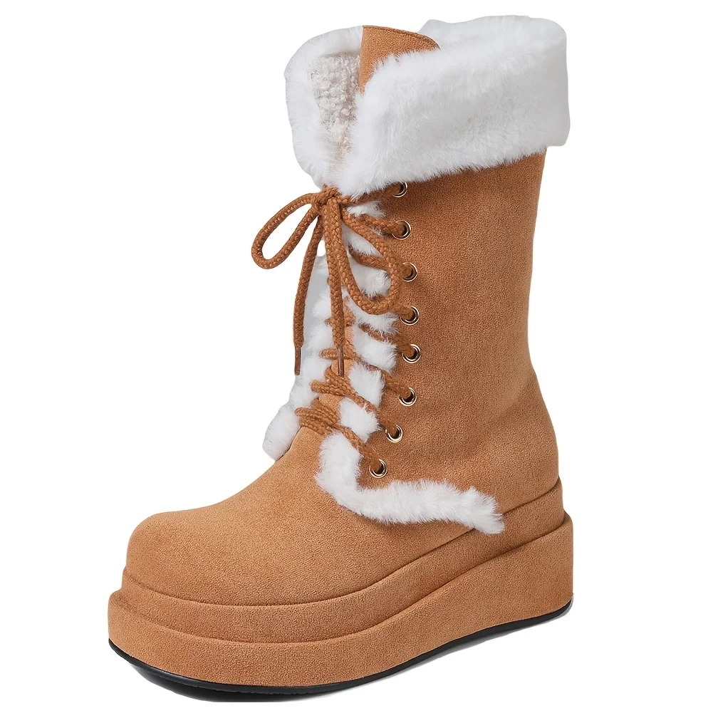 Winter Warm Fur Mid Calf Snow Boots Fashion Platform Wedges High Heels Side Zipper Lace-up Boots for Women 6