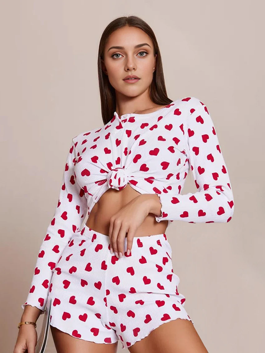Marthaqiqi Printing Causal Female Nightwear 2 Piece Set Sexy O-Neck Sleepwear Long Sleeve Nightgowns Shorts Home Clothes Women