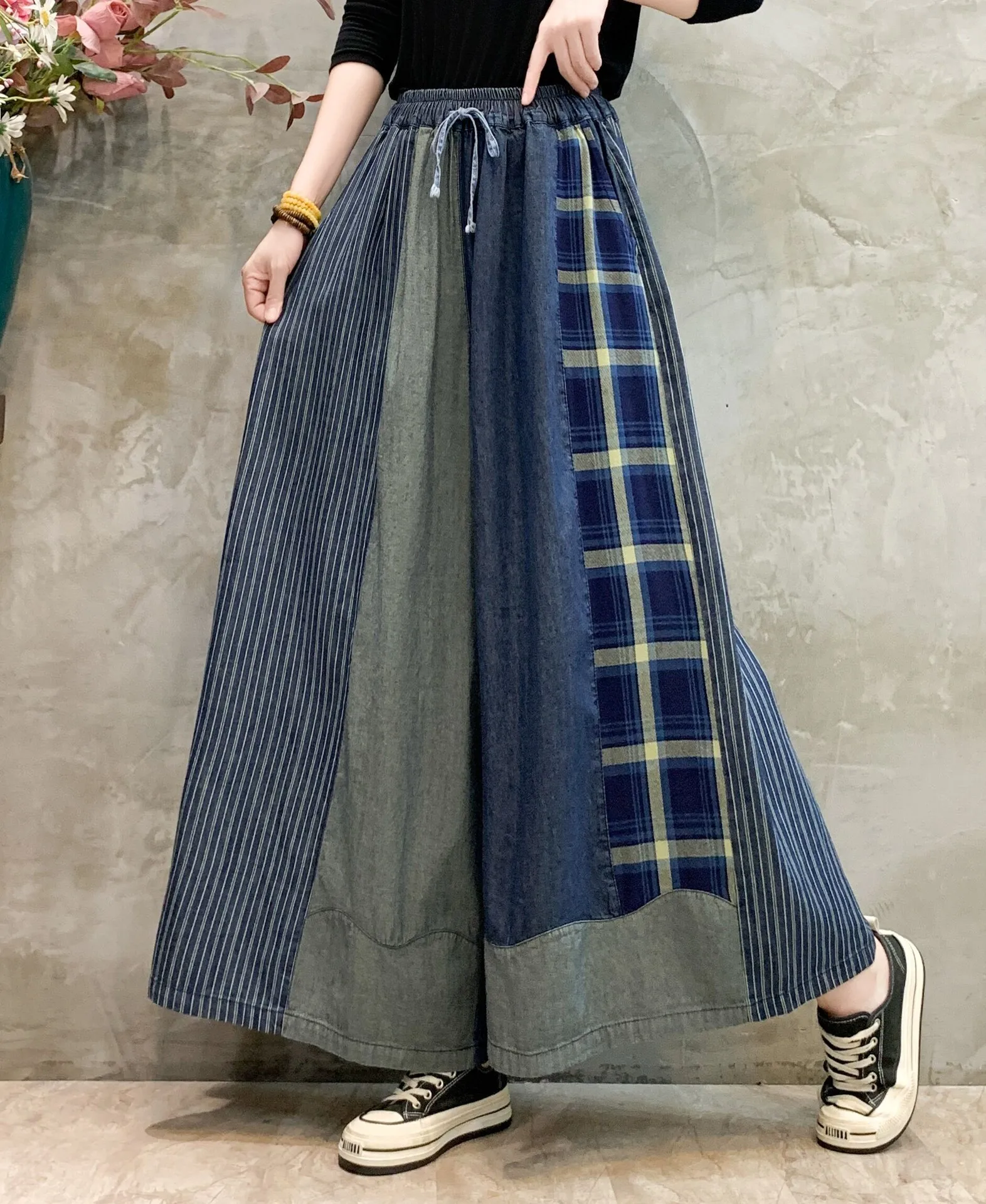 [EWQ] Patchwork Drawstring Jeans Pants For Women Streetwear High Waist Contrast Wide Leg Trousers Spring 2024 Autumn New Y6664