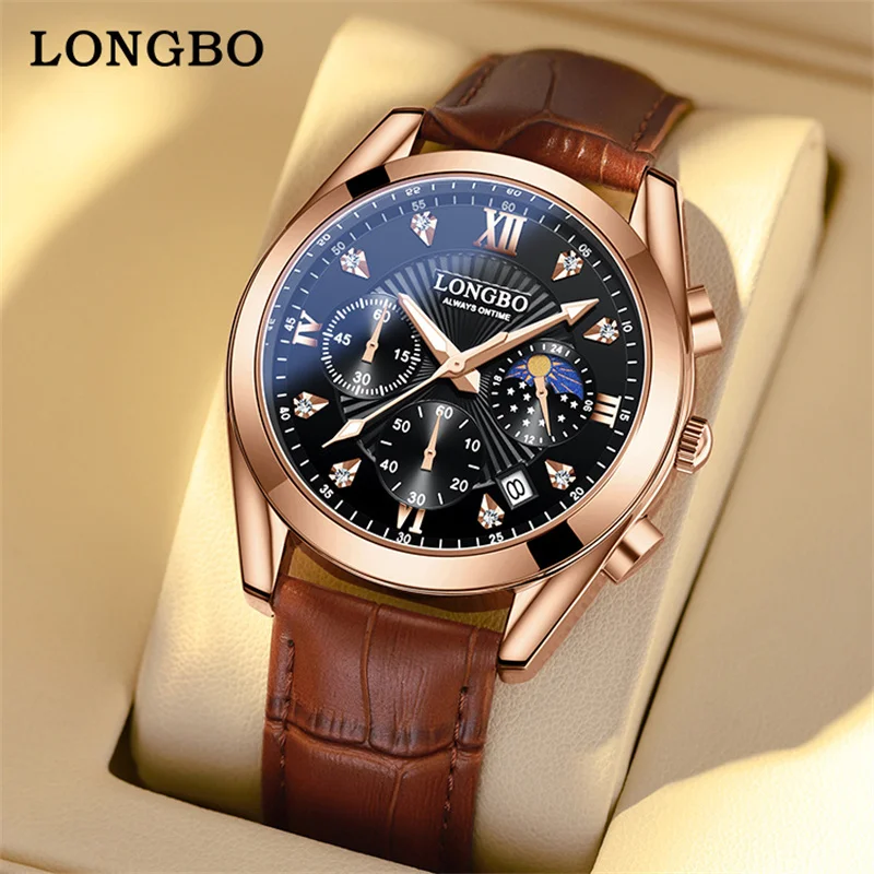 

LONGBO Mens Watches Top Brand Luxury Leather Chronograph Quartz Watch Men Sport Waterproof Moon Phase Watch Relogio Masculino