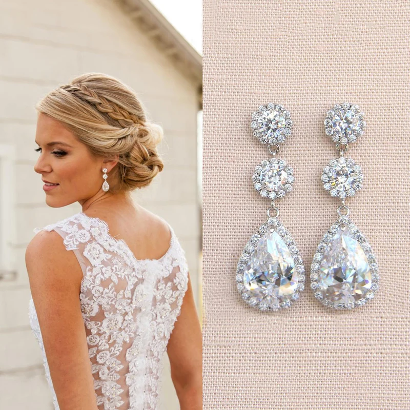 

New Trendy Wedding Earrings for Women Crystal CZ Brilliant Hanging Earrings High Quality Silver Color Engagement Jewelry