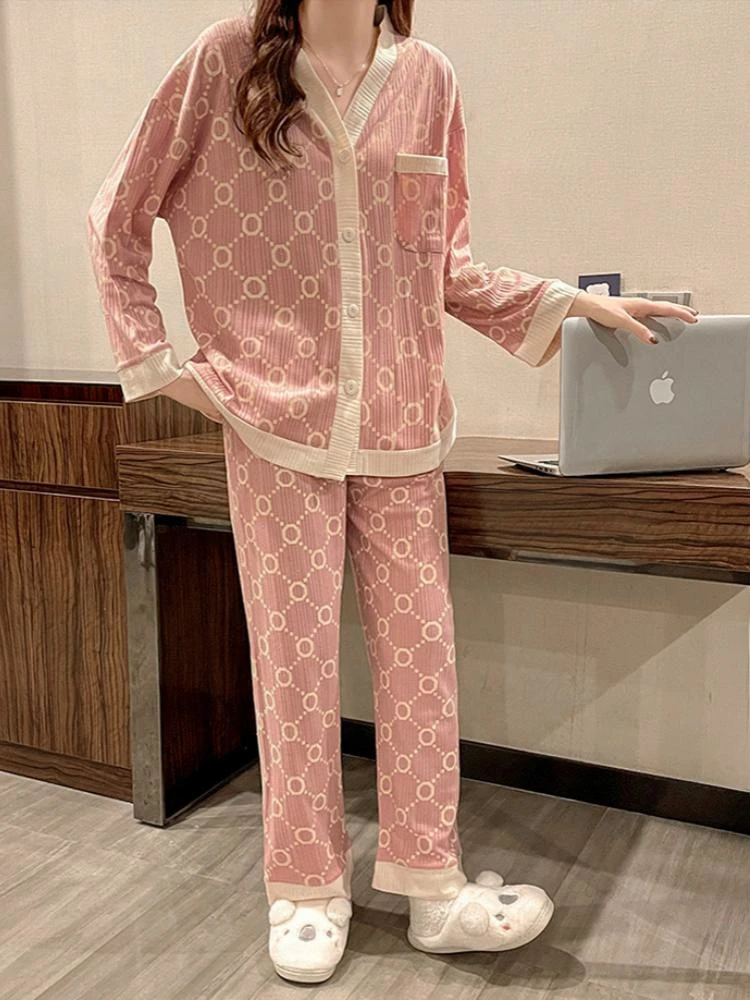 Spring Autumn Women's Thin Pajamas V-neck Long Sleeve Cardigan Loose Casual Comfortable Home Clothing Set Sweet Sleepwear