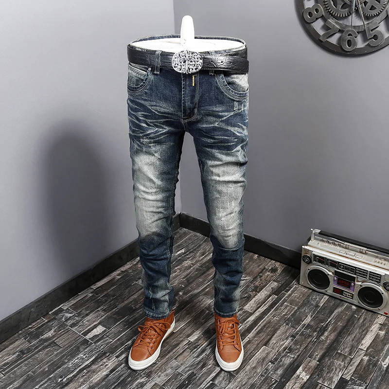 2021 men jeans autumn winter business casual light blue elastic force fashion denim jeans trousers male brand pants Newly Designer Fashion Men Jeans Retro Blue Elastic Slim Ripped Jeans Men Trousers Embroidery Vintage Casual Denim Pants Hombre