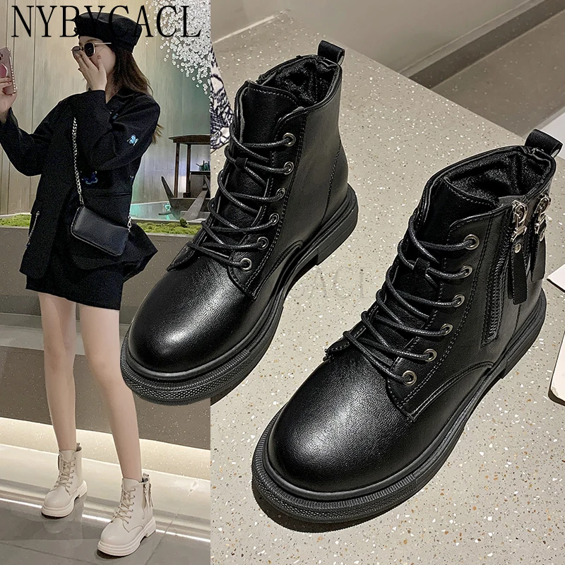 2022 New Zipper Chunky Platform Women Shoes Solid Black Beige Zip Boots Womens Round Toe High Heel Ankle Boots for Women Botas
