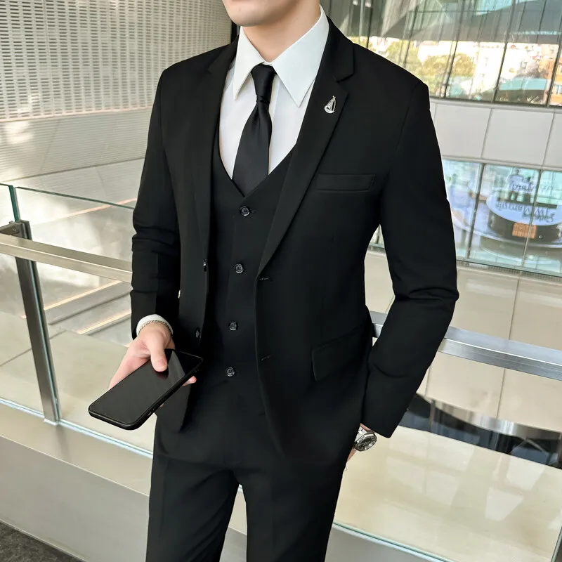 Men Suit Set (blazer+ Vest +pants) Fashion Business Casual Hosts A Solid Color Slim-fit Gentleman's Wedding Suit Plus Size M-7XL