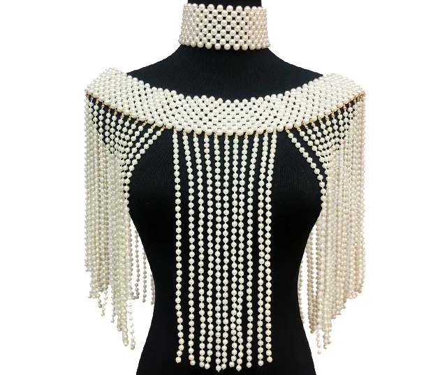

2023Exaggerated pearl body chain shawl Set chain necklace Women's handmade pearl shawl