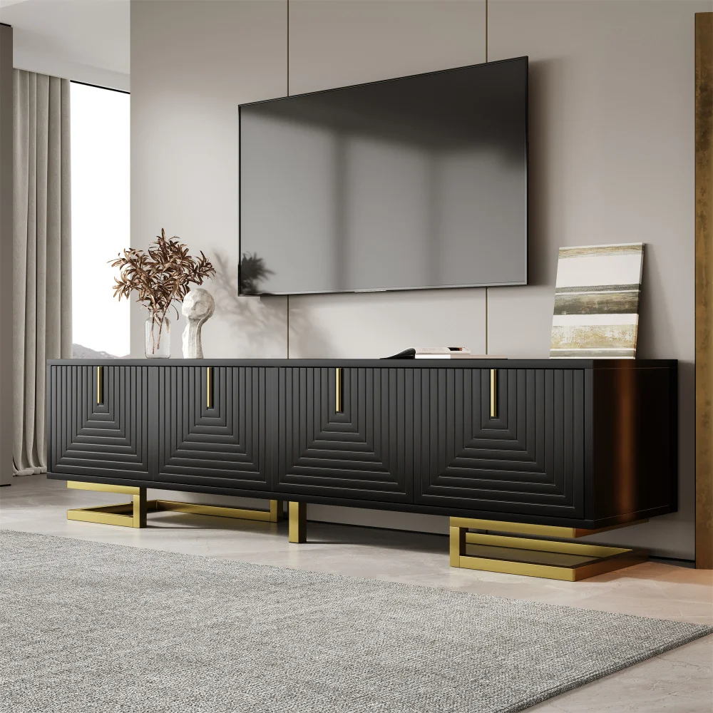 Moderner TV-Schrank mit strukturierten Türen – goldene Griffe und Beine, stilvolle TV-Möbel, bietet praktische Medienaufbewahrung – Detail 33