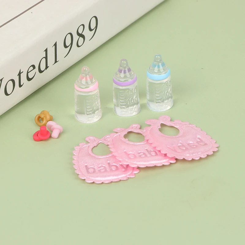 Dolls house miniature baby bottles pacifier bibs set nursery accessory 3PCS