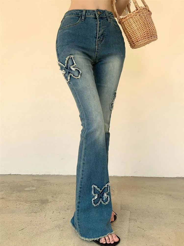 

Women's Jeans High Elasticity Flared Trousers Butterfly Embroidery Y2K Jeans 2023 Summer Fashion High Waist Slim Retro Flared