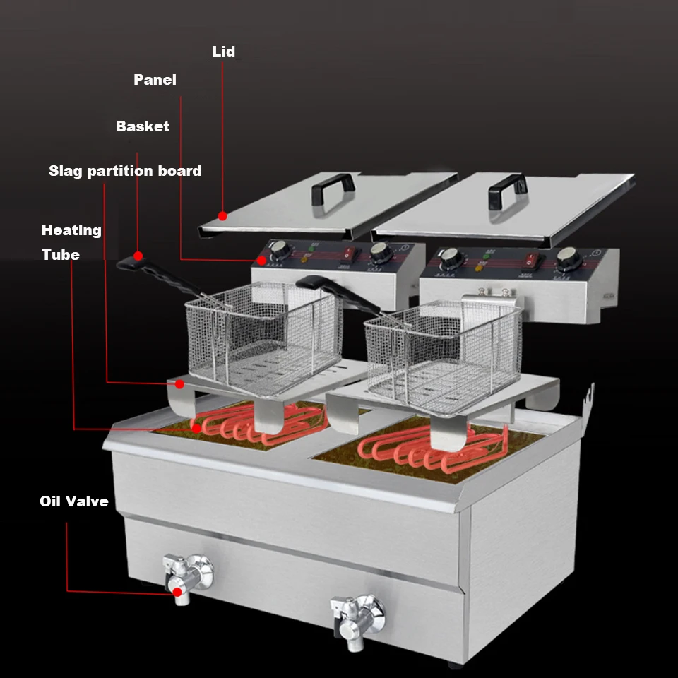 SC-181V-2 18+18L Electric Deep Fryer Stainless Steel Commercial Deep Fat Fryer Countertop with Drain and Timer