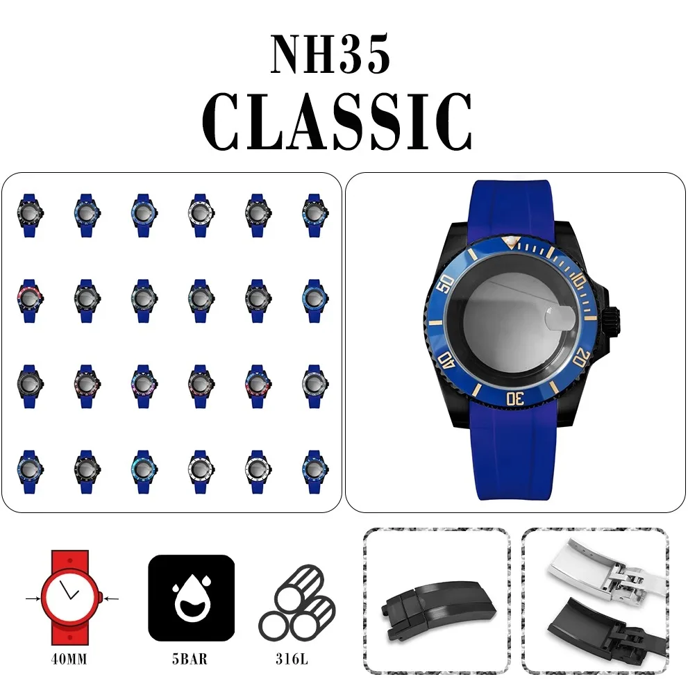 

316L stainless steel, galvanized black sheer case + blue strap, sapphire magnifying glass, compatible with NH35/36 calibre