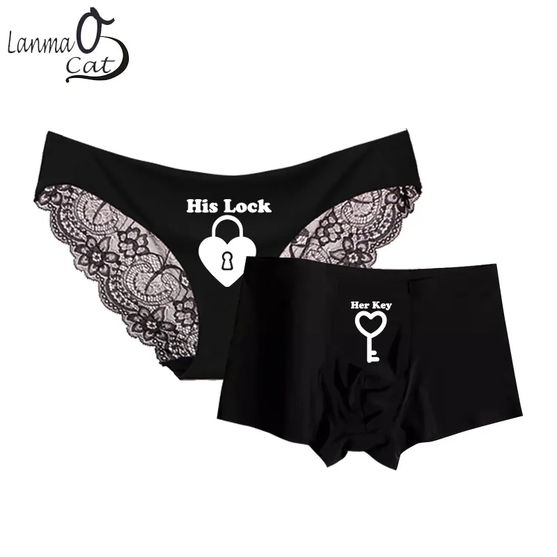 Romantic Matching Couples Panties Smoonty Ice-silk Seamless Men Boxer  Shorts and Sexy Lace Women Briefs Black Lovers Underpants