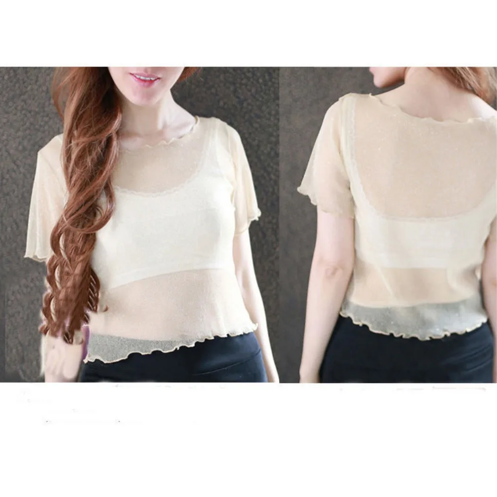 Women Silk Lining Short Base Shirt Half Cut Fresh Mesh Top