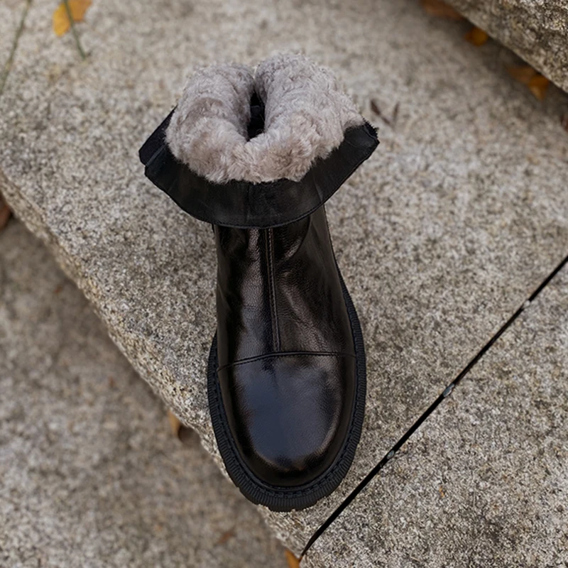 

Heihaian Wool Ankle Boots 2023 Warm Round Head Platform Boots For Winter Vintage Style Simple Brown Ankle Boots For Women