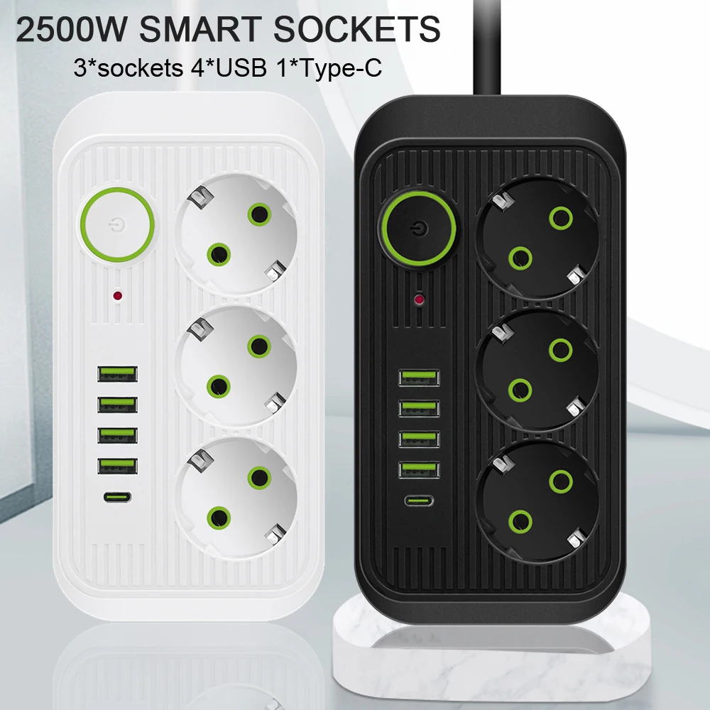 EU Plug AC Outlet Power Strip Multitap Smart Home Extension 2M Cord Electrical Socket With 4 USB Ports Multiprise Network Filter