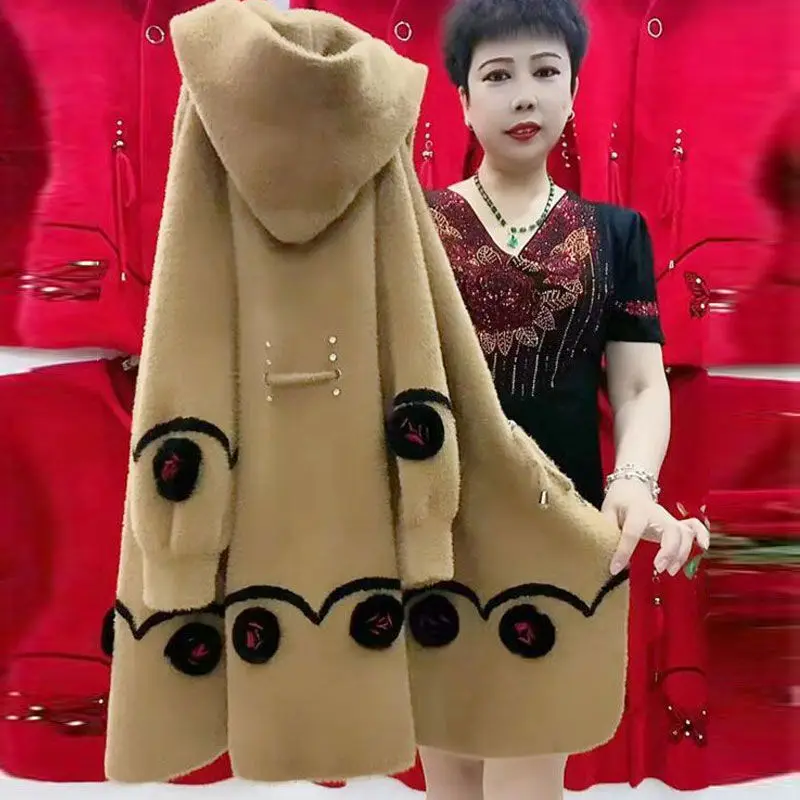 

Mother's Winter Clothes Long Thick Imitation Mink Cashmere Sweater Coat Middle Aged Elderly Women Hooded Knitted Cardigan Jacket
