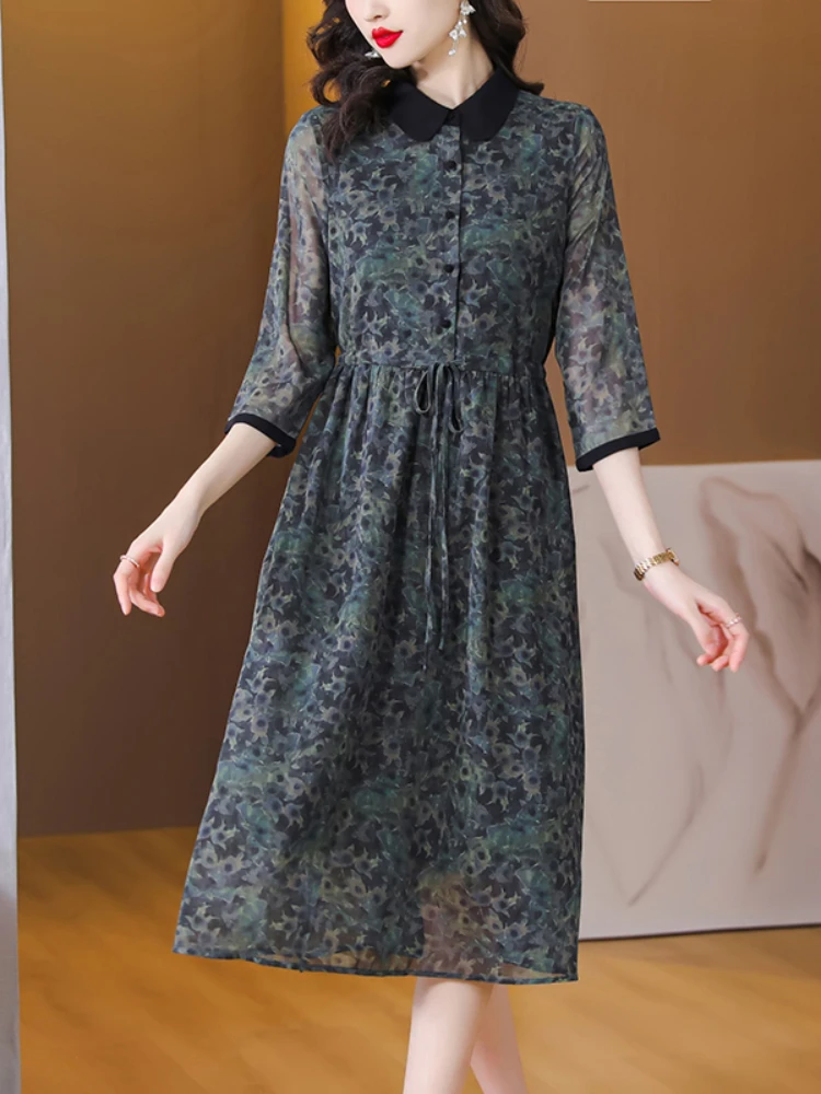 

2023 New Spring Summer Silk Short Sleeves Slim Print Dress Women Over Knee Dresses
