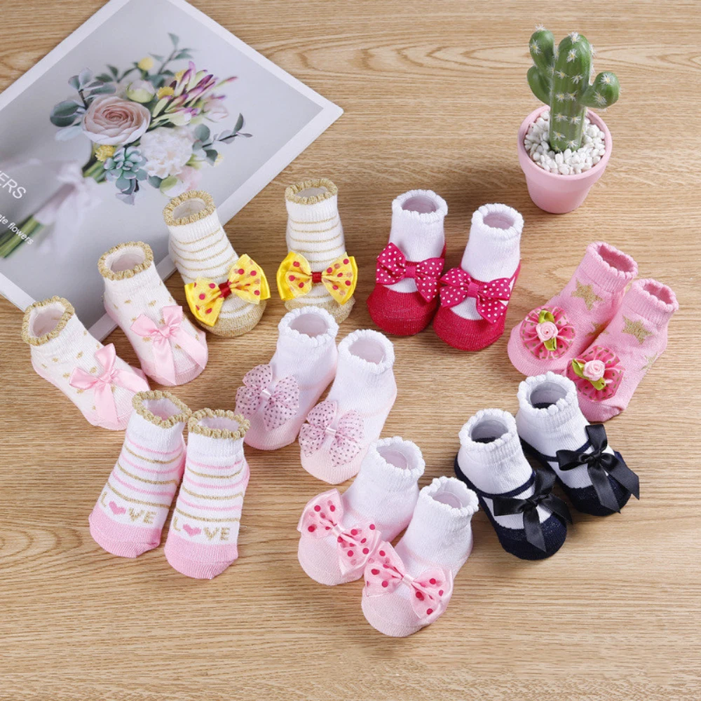 

5 Pairs/pack Bow Lace Edge Baby Cotton Socks Bow Cute Baby Socks Striped Polka Dot Floor Socks Baby Toddler Socks Baby Gifts