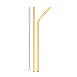 Eco - Friendly Reusable Stainless Steel Drinking Straws with Cleaning Brush Set - 3 Piece Pack (Gold)