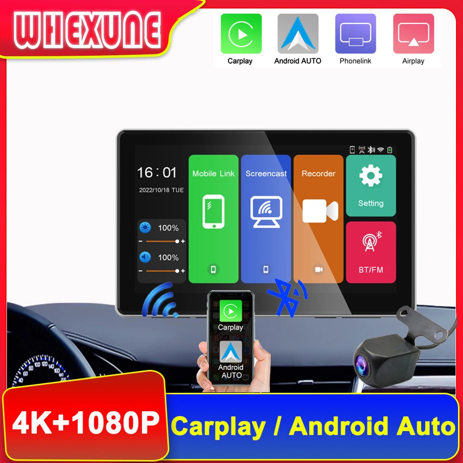 

WHEXUNE 7" Car DVR Dashcam 4K Carplay Android Auto 2160P Front / 1080P Rear Camera Dashboard WIFI Driving Recorder Dual Lens GPS
