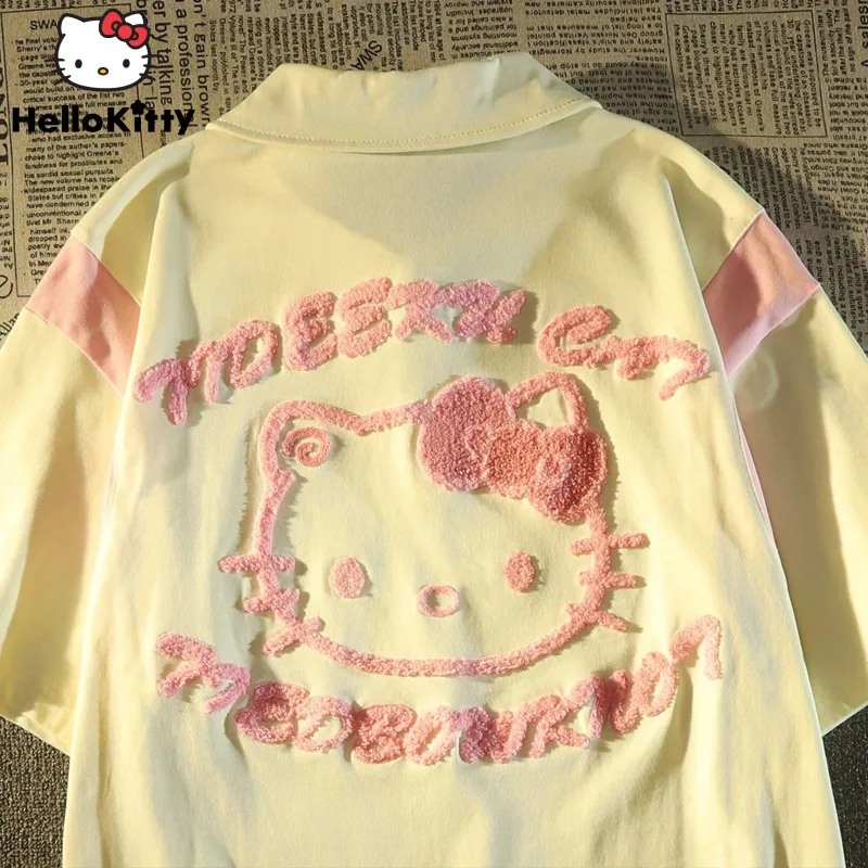 

Американская уличная мода, топы с вышивкой Hello Kitty Y2k, милая футболка-поло с коротким рукавом и воротником, трендовая летняя одежда