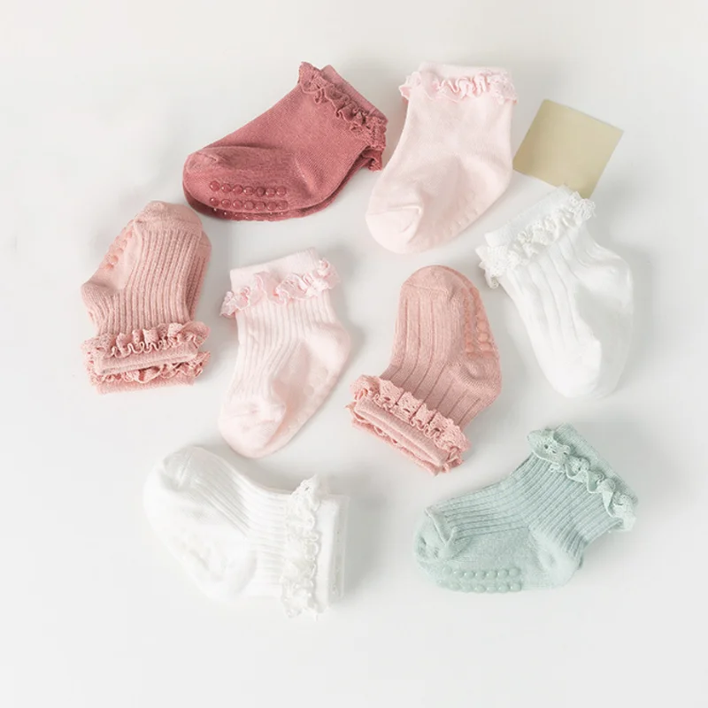 

2Pair/lot baby children non-slip autumn winter cotton socks solid color lace socks baby floor socks