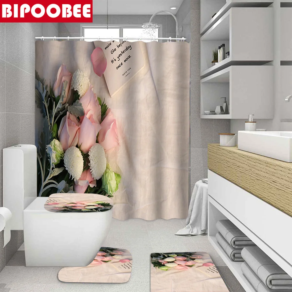 

Pink Rose Shower Curtains Simple Europe Bathroom Accessories Home Decor Pedestal Rugs Anti-slip Soft Bath Carpet Toilet Cover