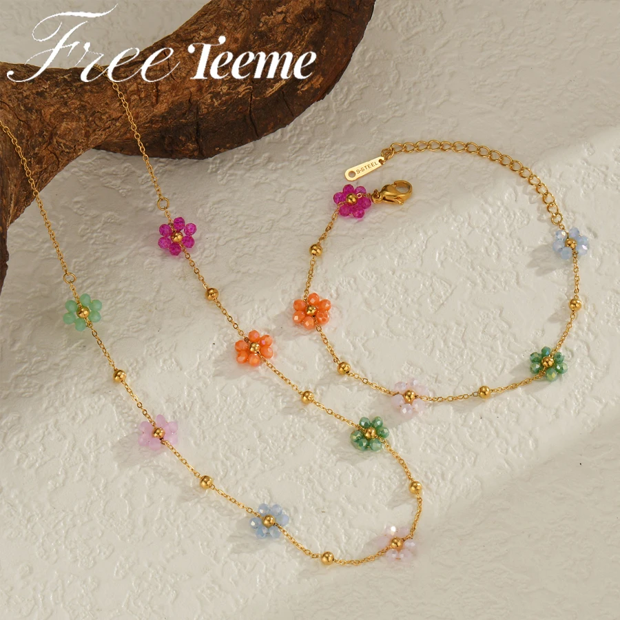 Freeteeme Colorful Artificial Crystal Flower Necklace Bracelet for