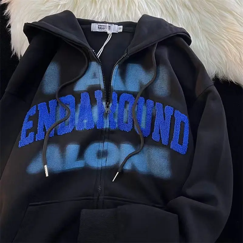 

Men and women American retro early autumn loose ins lazy wind thin coat hoodies hiphop flocking cardigan hooded sweater