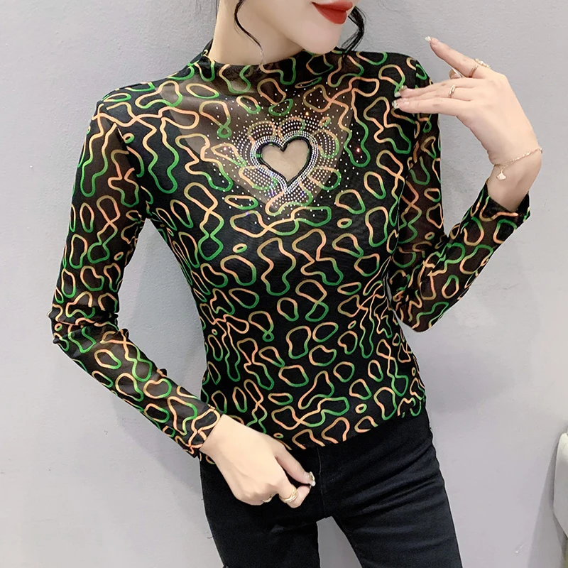 

Spring Fall European Clothes Mesh T-Shirt Chic Sexy Hollow Out Diamonds Shiny Print Women Tops Long Sleeve Hand Made Tees 2111