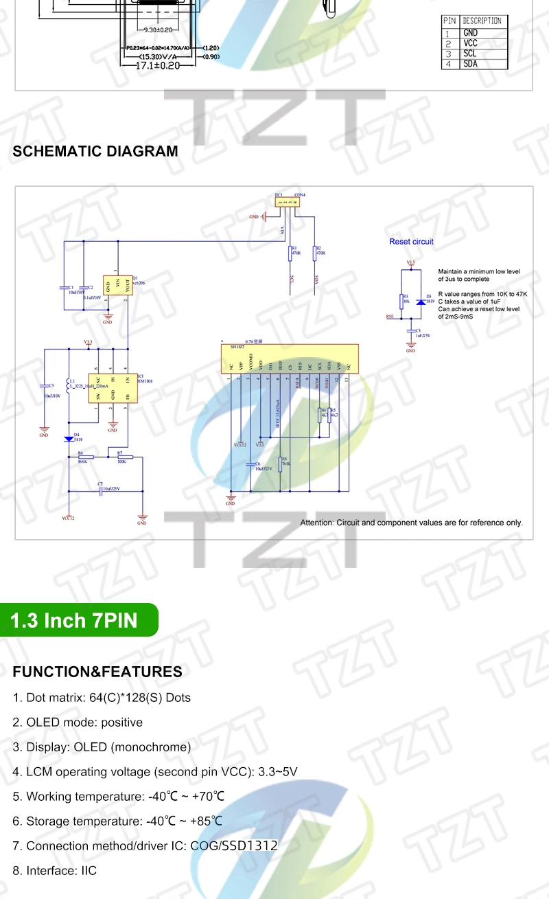 TZT 0,96 / 1,3 / 1,54 Zoll OLED-Display 64×128 LCD-Modul SH1107 SSD1312 SSD1317 4PIN 7PIN LCD 1,3 " OLED Vertikales Bildschirmmodul – Detail 4