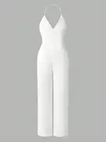 Women's Elegant Backless Satin Jumpsuit with Pearl Button Chain - Image 3