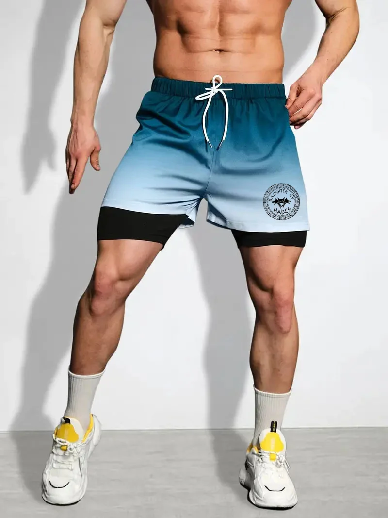 

Sports Fitness shorts 2024 new gradient shorts men's summer outdoor cycling running plus size loose double printed shorts